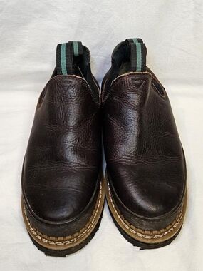 Georgia Boot Brown Leather Slip-On Work Loafers with Teal Accent